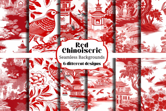 6 Beautiful Red & White Chinoiserie Seamless Patterns