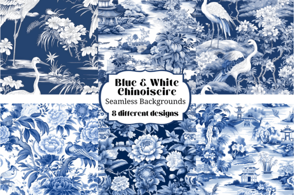 Blue & White Chinoiserie Backgrounds: 8 Elegant Seamless Patterns
