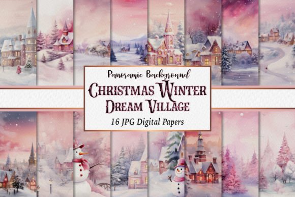 Christmas Winter Panoramic Backgrounds: A Dreamy Pink Village