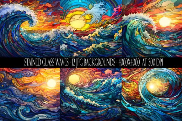 Stained Glass Ocean Waves: 12 Premium Digital Backgrounds