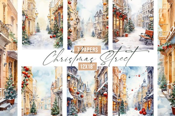 Watercolor Christmas Street Backgrounds for Holiday Designs
