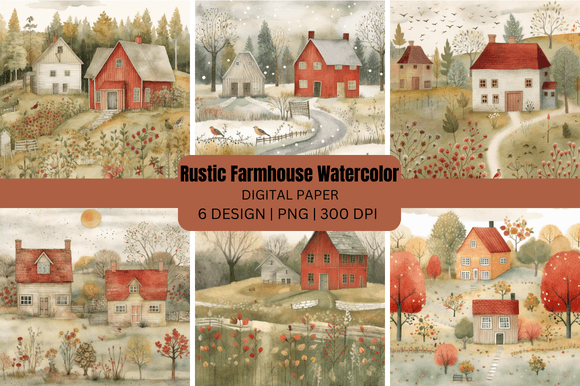 Watercolor Rustic Farmhouse Backgrounds for Creative Projects